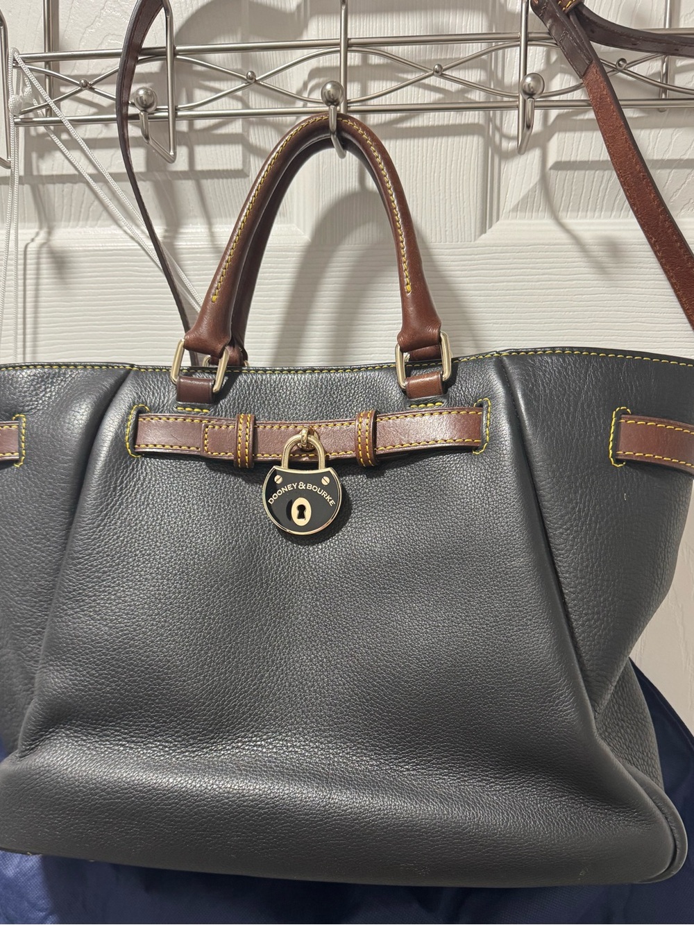 Dooney & Bourke Black Pebbled Leather Tote with Brown Trim and Gold Hardware